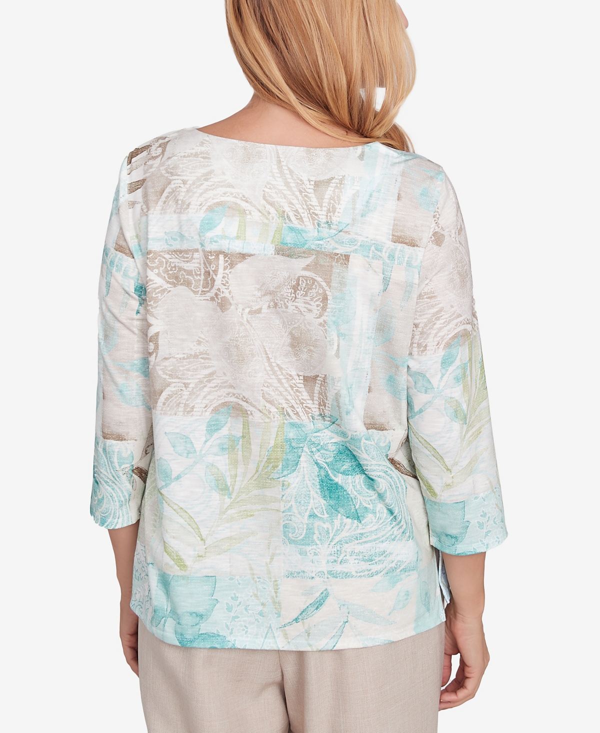 Alfred Dunner Petite Kensington Gardens Patchwork Leaves Textured Top In Neutral Multi