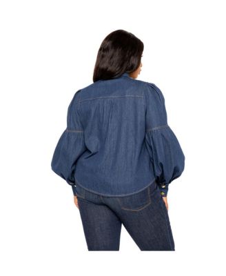 Women's Plus Size Bow Neck Puff Sleeve Denim Blouse