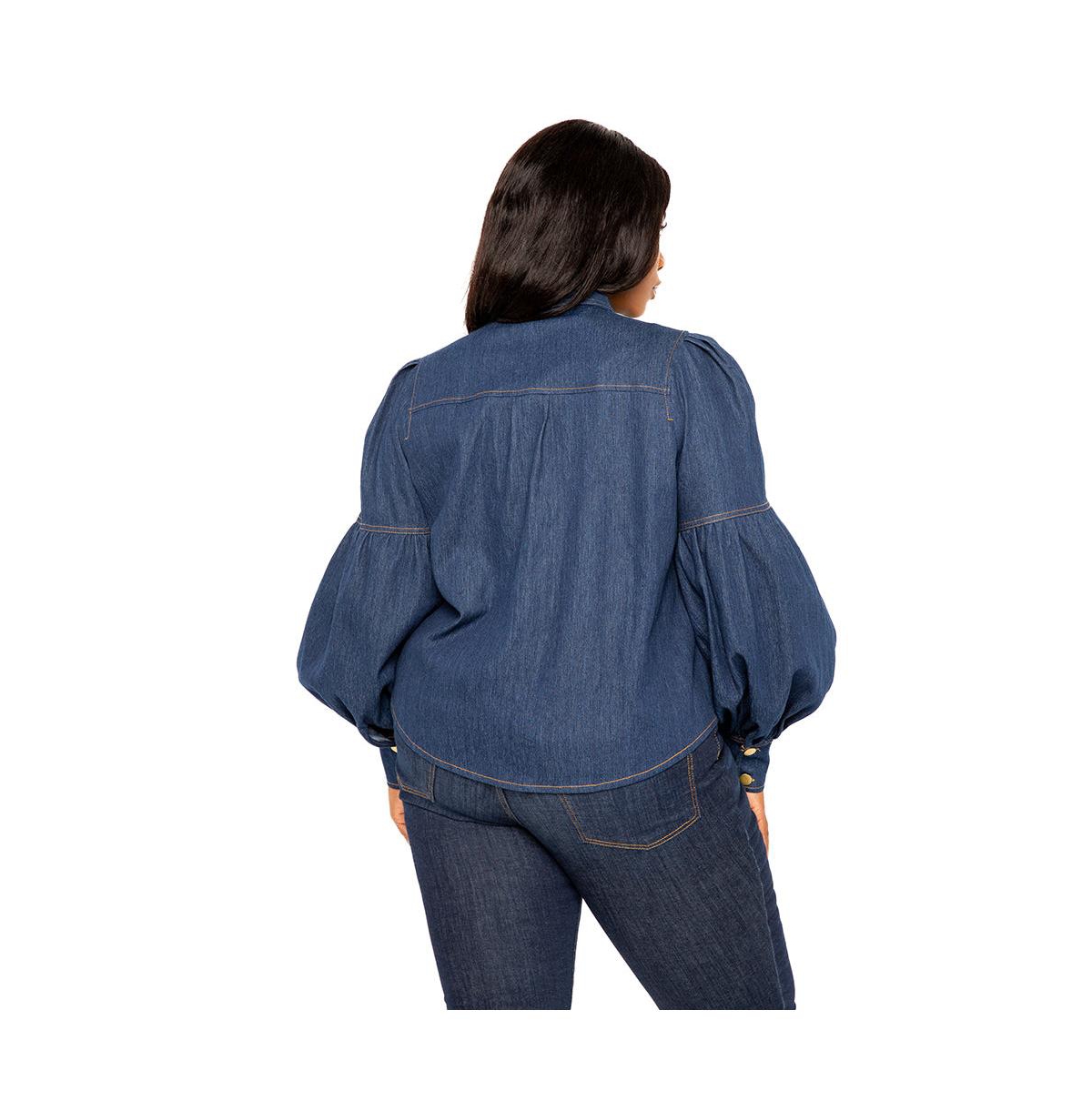 Shop Buxom Couture Women's Plus Size Bow Neck Puff Sleeve Denim Blouse In Denim Blue