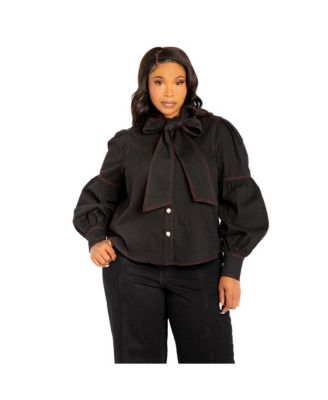 Women's Plus Size Bow Neck Puff Sleeve Denim Blouse