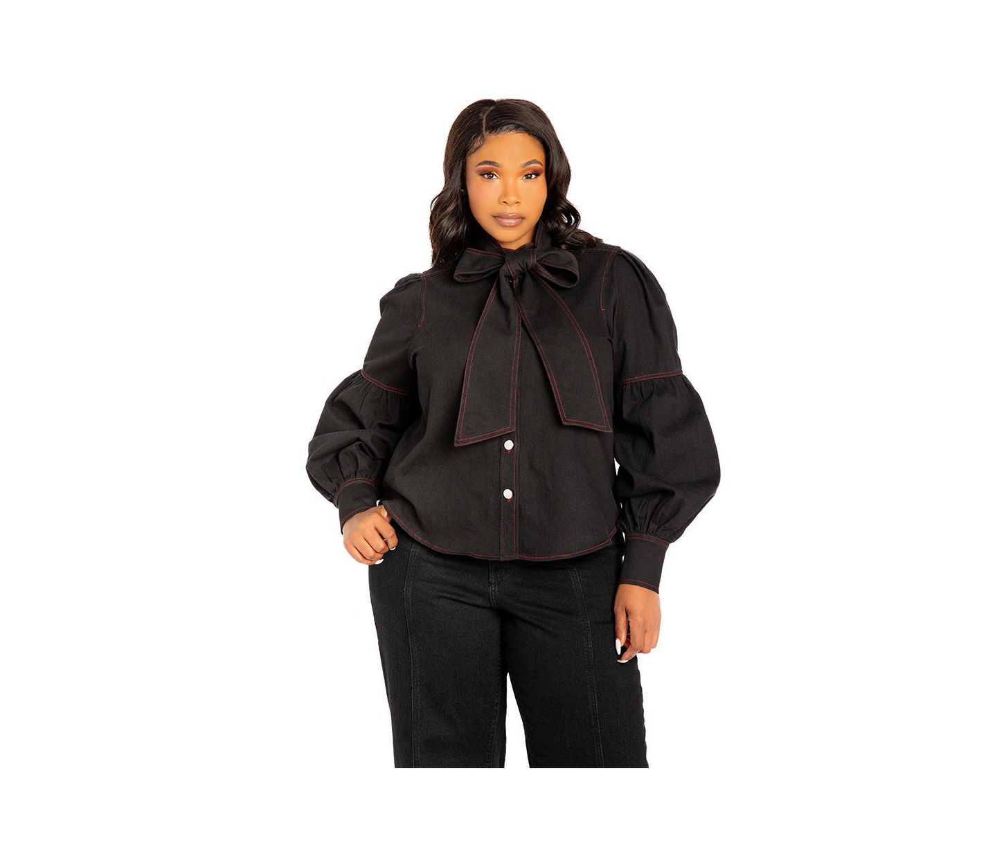Женская блузка Buxom Couture Plus Size Bow Neck Puff Sleeve Denim Blouse, цвет: Джинсовый чёрный — фото 1