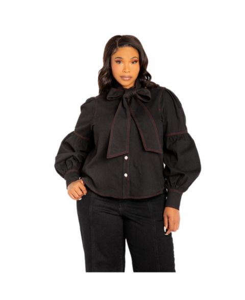Женская блузка Buxom Couture Plus Size Bow Neck Puff Sleeve Denim Blouse, цвет: Джинсовый чёрный