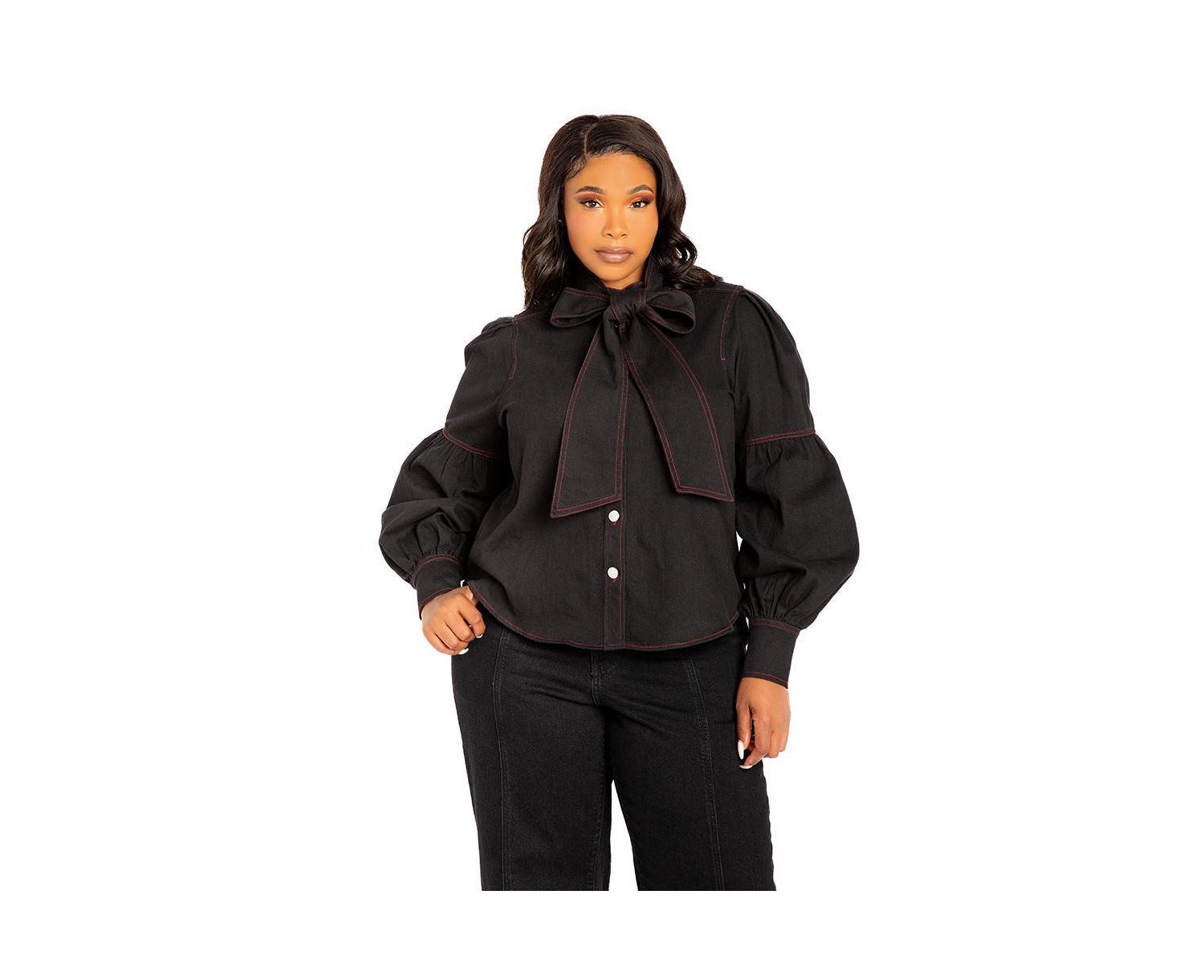 Women's Plus Size Bow Neck Puff Sleeve Denim Blouse