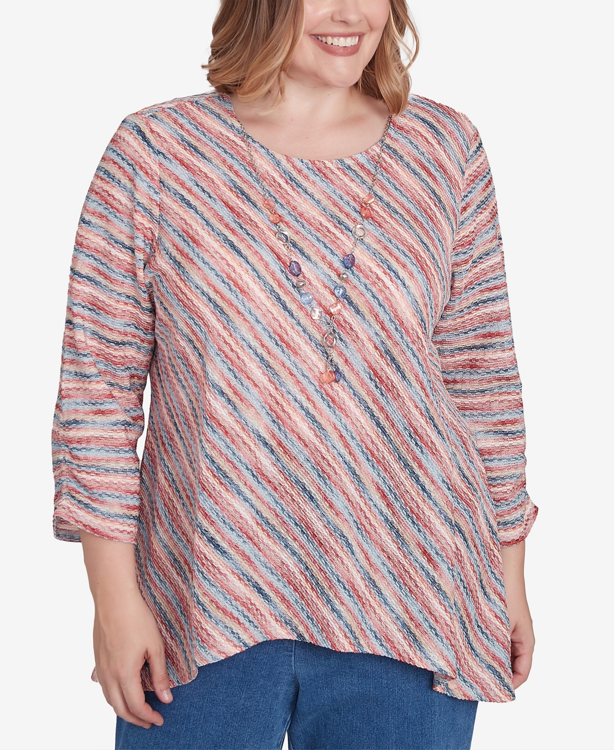 Alfred Dunner Plus Size Free Spirit Diagonal Space Dye Top With Necklace In Coral