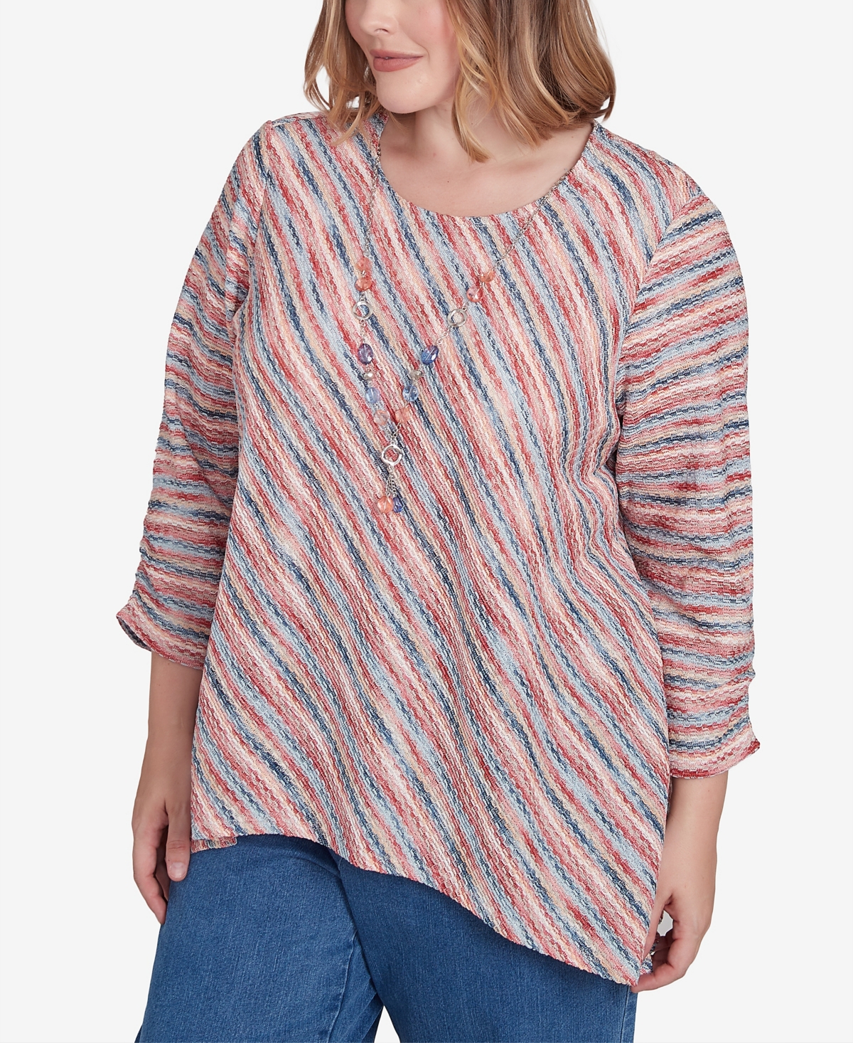 Alfred Dunner Plus Size Free Spirit Diagonal Space Dye Top With Necklace In Coral