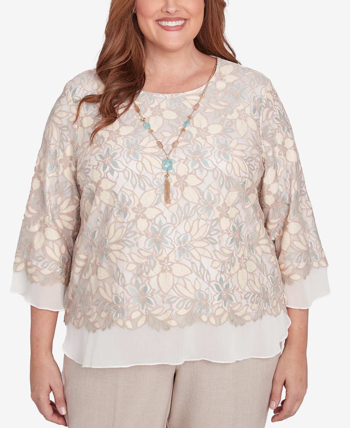 Plus Size Kensington Gardens Floral Lace Woven Trim Top with Necklace - Neutral Multi