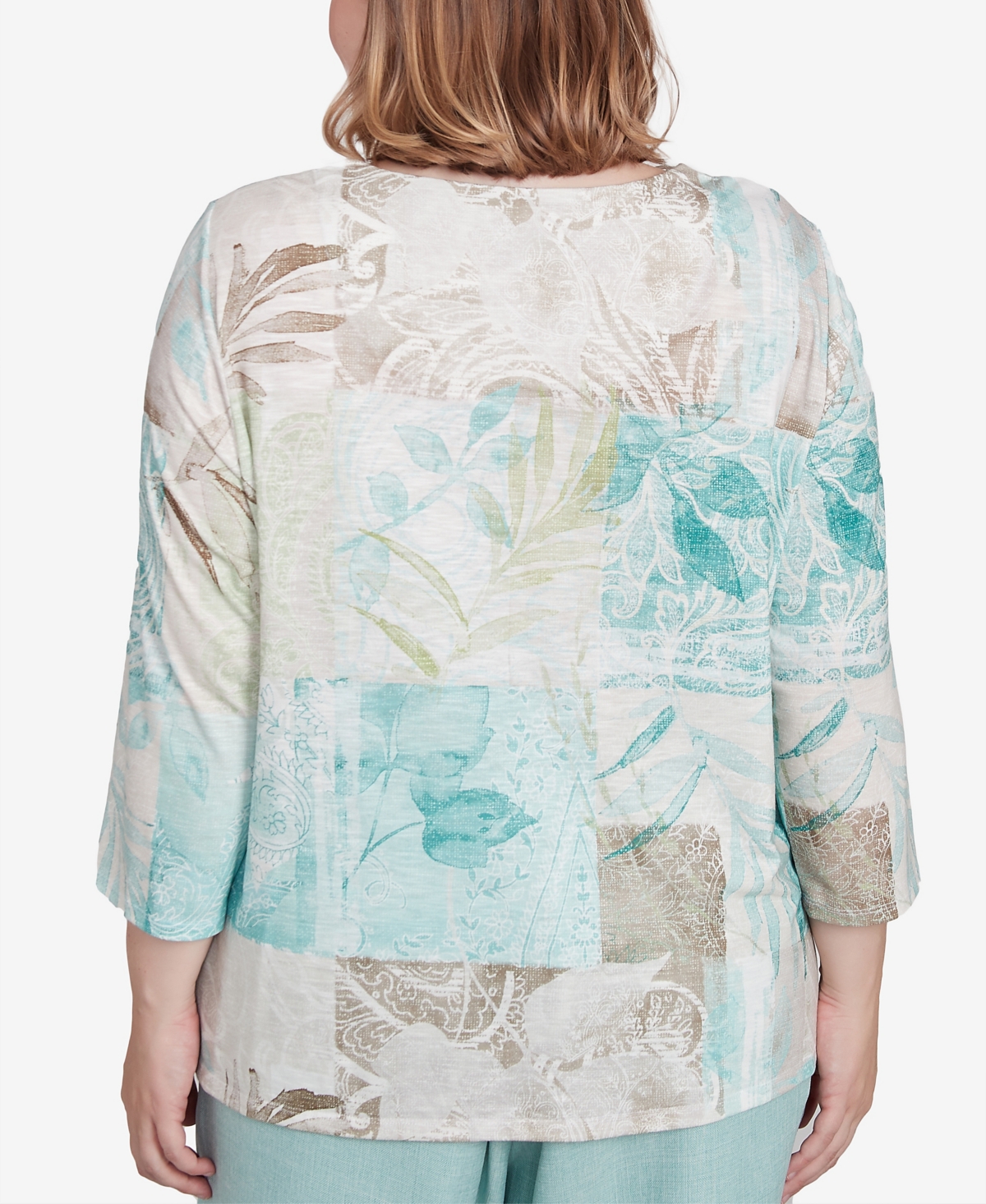 Alfred Dunner Plus Size Kensington Gardens Patchwork Leaves Textured Top In Neutral Multi