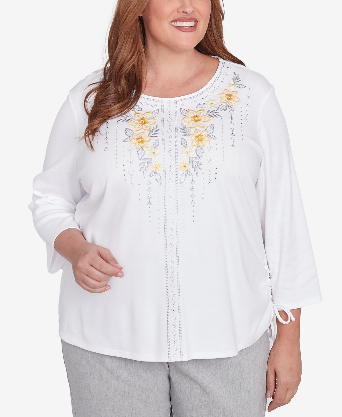 Alfred Dunner Plus Size Dress Code Linear Knit Floral Embroidered Crew Neck Top In White