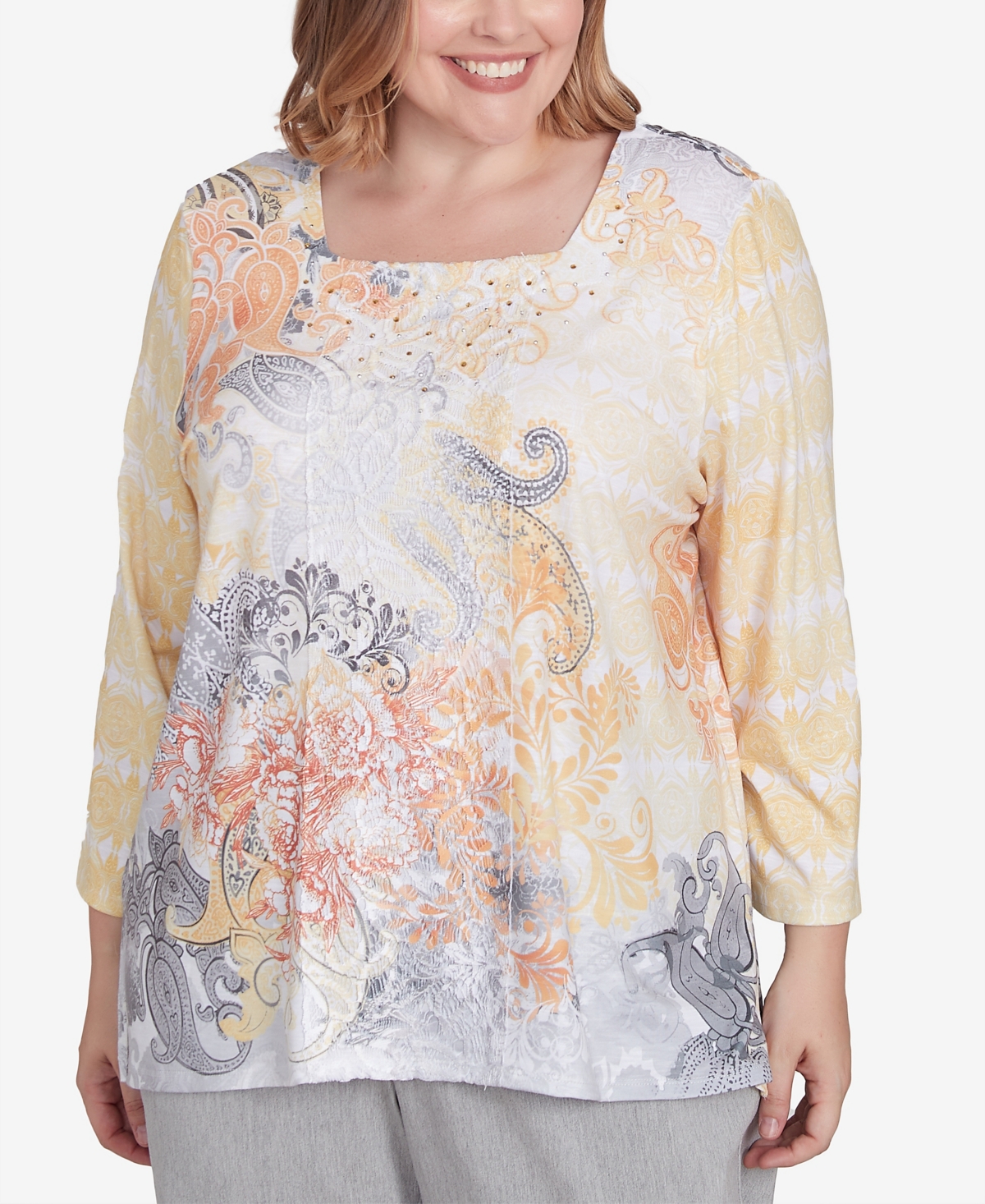 Plus Size Dress Code Square Neck Paisley Geometric Top - Multi Yellow