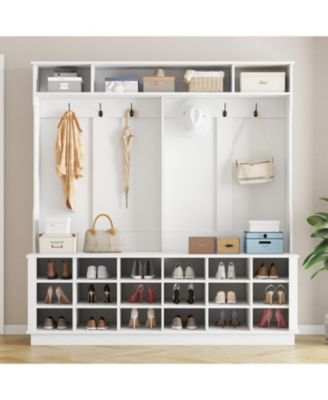63 in. W White Wood 3-in-1 Hall Tree Coat Rack Shoe Storage Bench with 6-Metal Double Hooks, Shoe Rack and Shelves