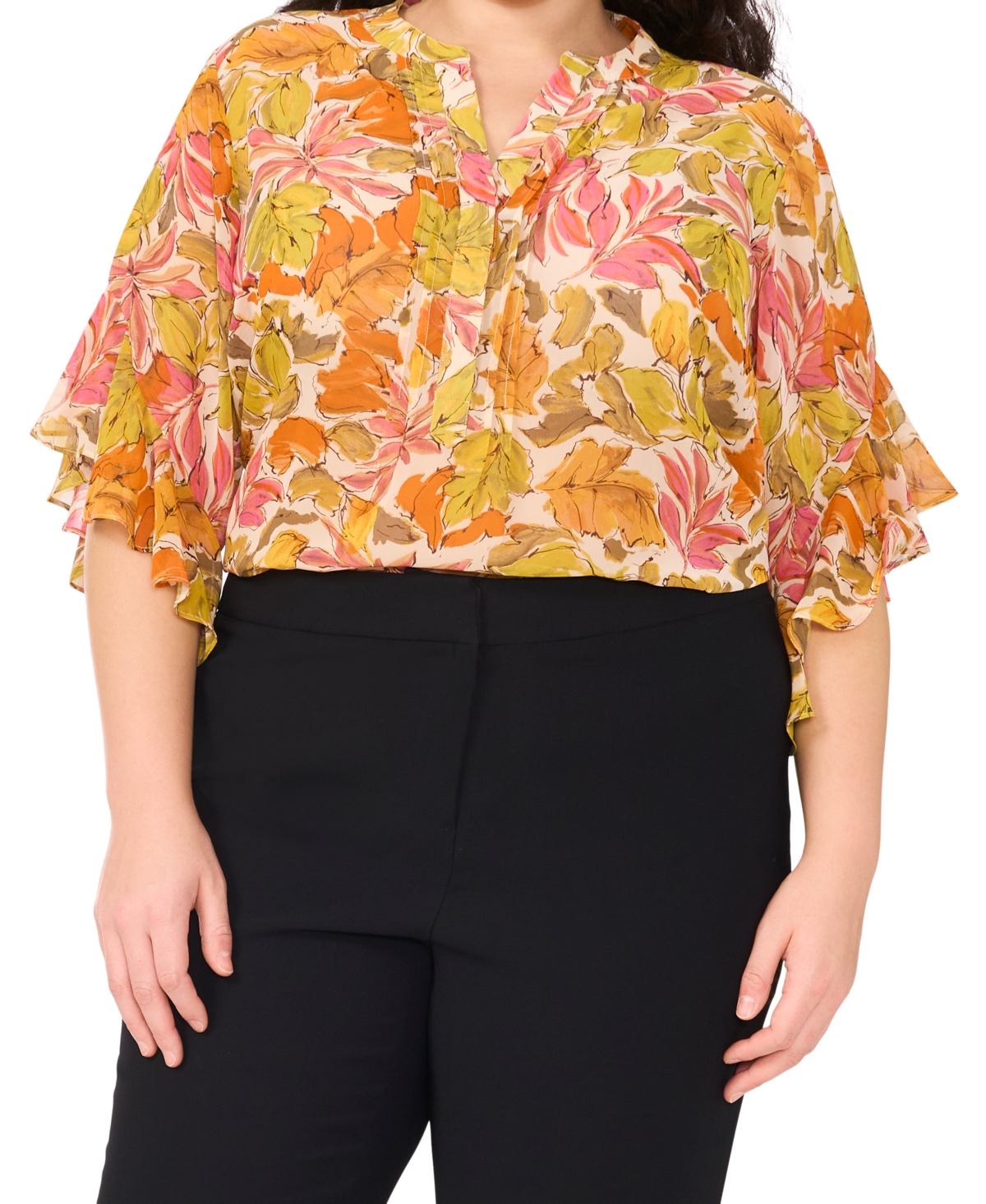 VINCE CAMUTO PLUS SIZE FLORAL-PRINT RUFFLED-SLEEVE SPLIT-NECK BLOUSE 