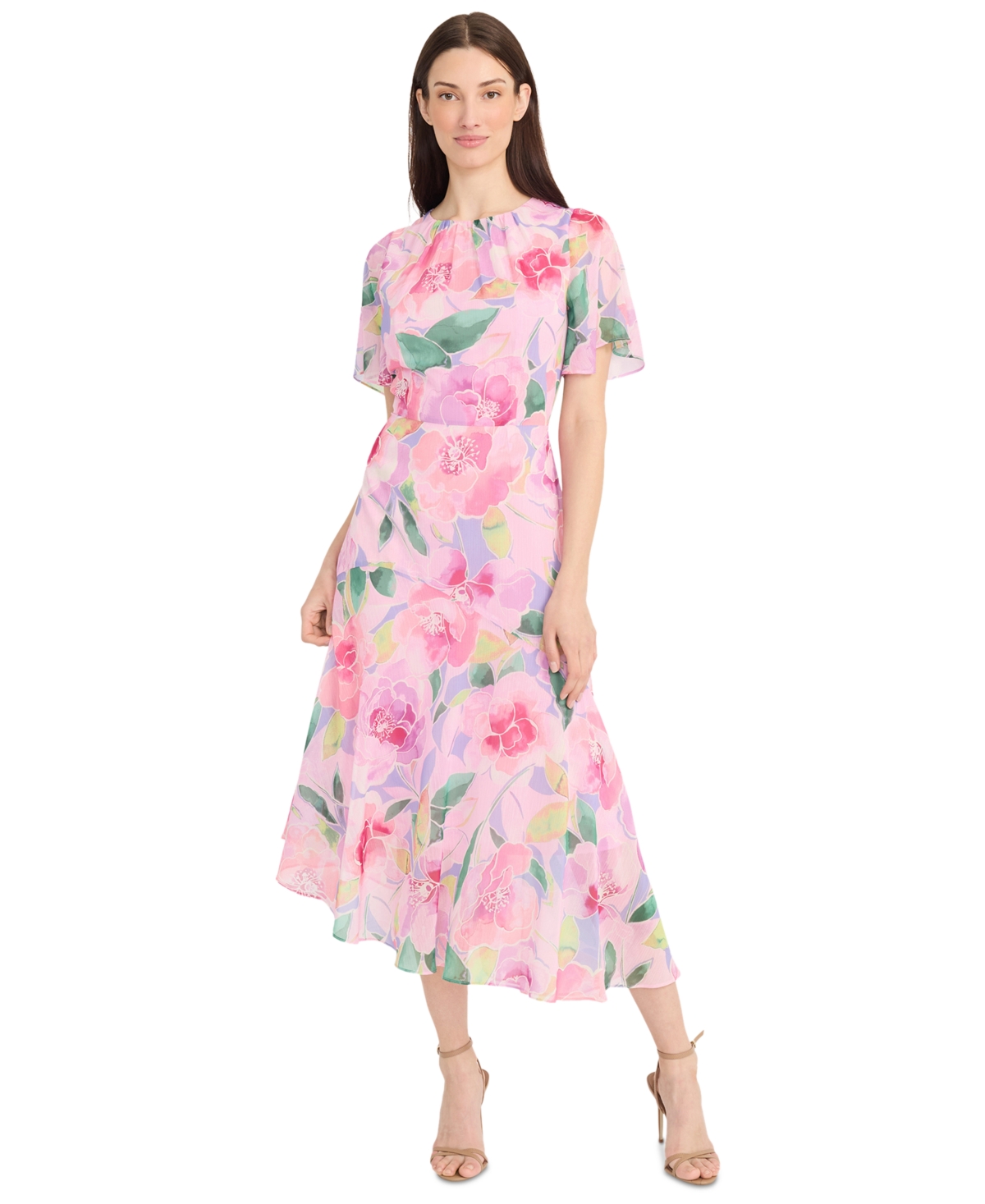Women's Floral-Print Flutter-Sleeve Maxi Dress - Violet Light/Petal Pink