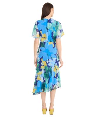 Women's Flutter-Sleeve Floral-Print Asymmetrical Dress