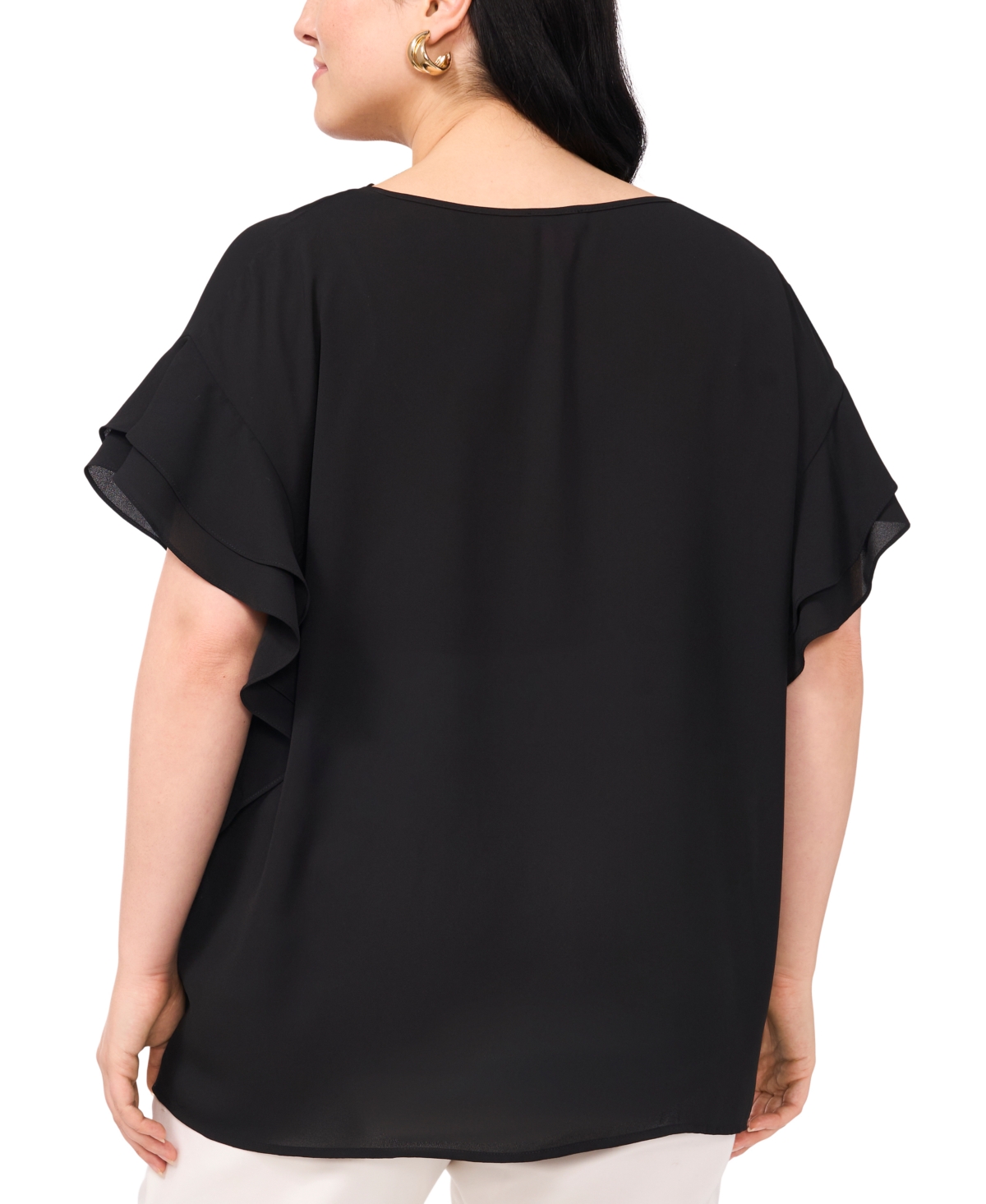 Vince Camuto Plus Size Flutter-sleeve Split-neck Top In Rich Black