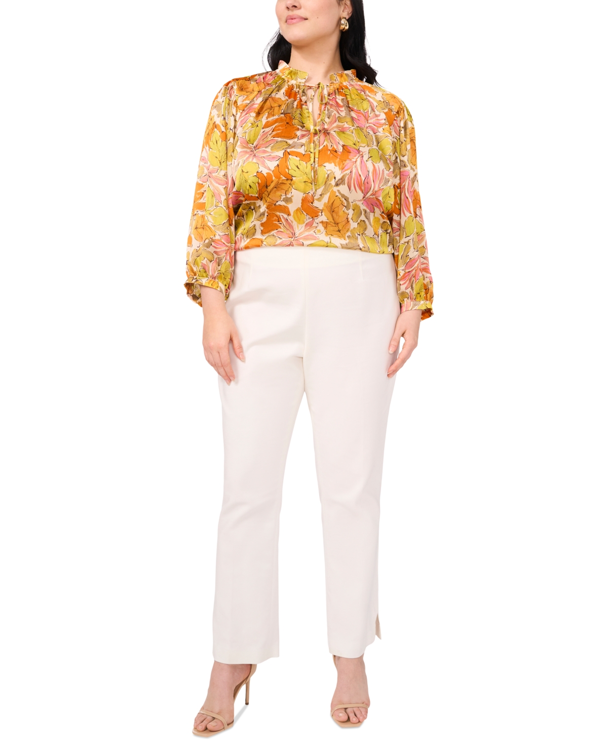 Shop Vince Camuto Plus Size Floral-print Ruffled Tie-neck Blouse In Crushed Orange