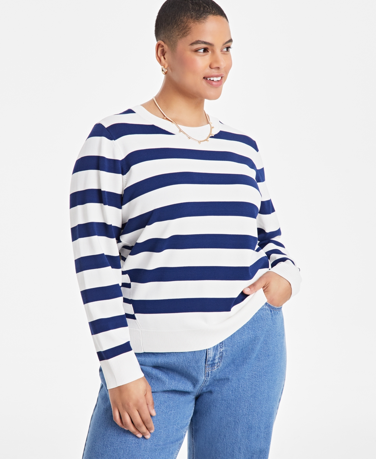 ON 34TH TRENDY PLUS SIZE STRIPED PULLOVER SWEATER, EXCLUSIVELY AT MACY'S 