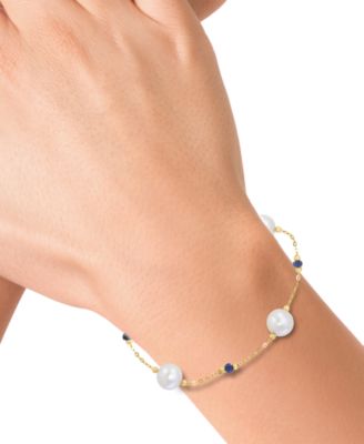 EFFY&reg; Cultured Freshwater Pearl (8mm) & Sapphire (7/8 ct. t.w.) Link Bracelet in 14k Gold