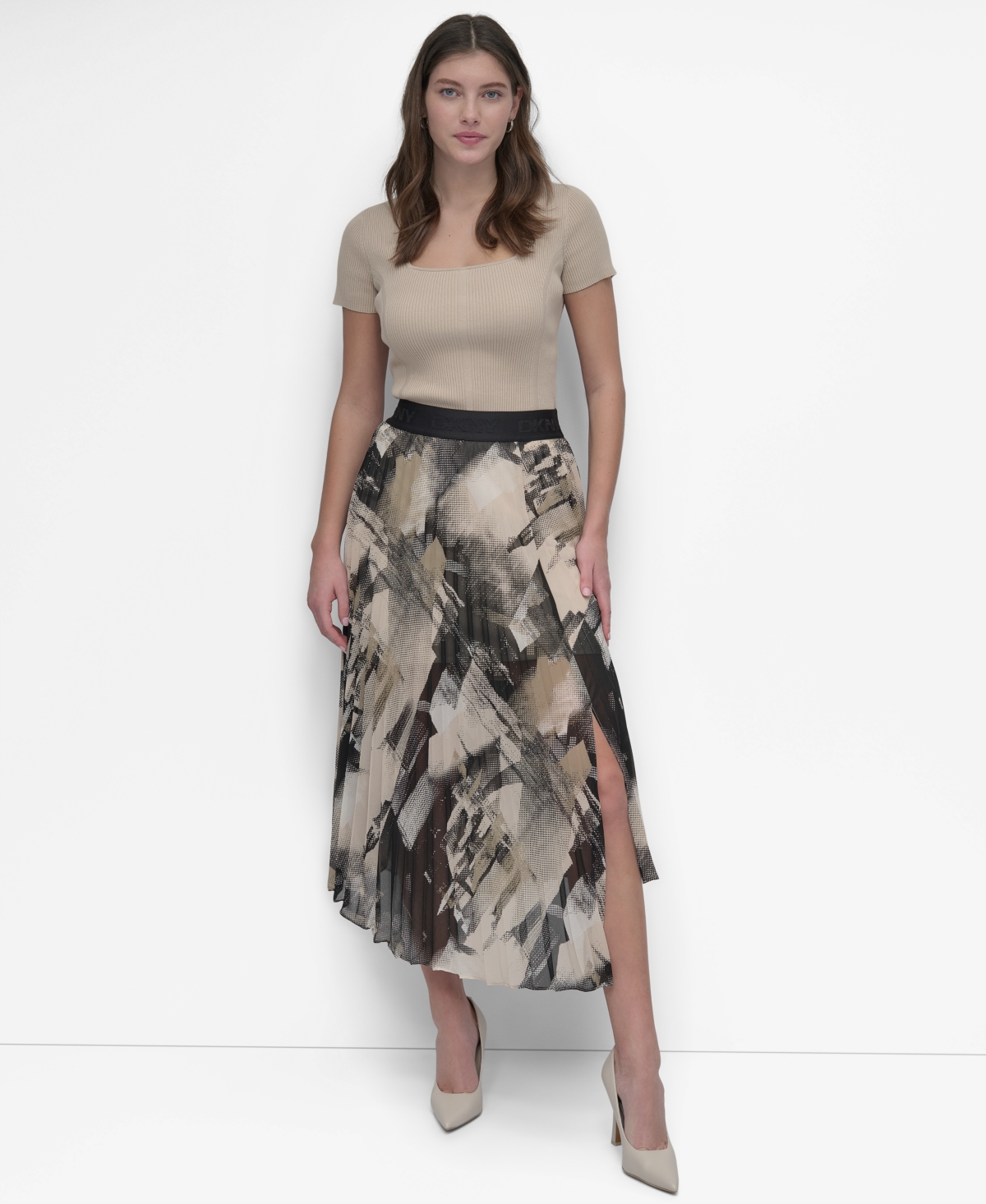 Dkny Print Pleated Asymmetric Midi Skirt In Skyln Colge Blk
