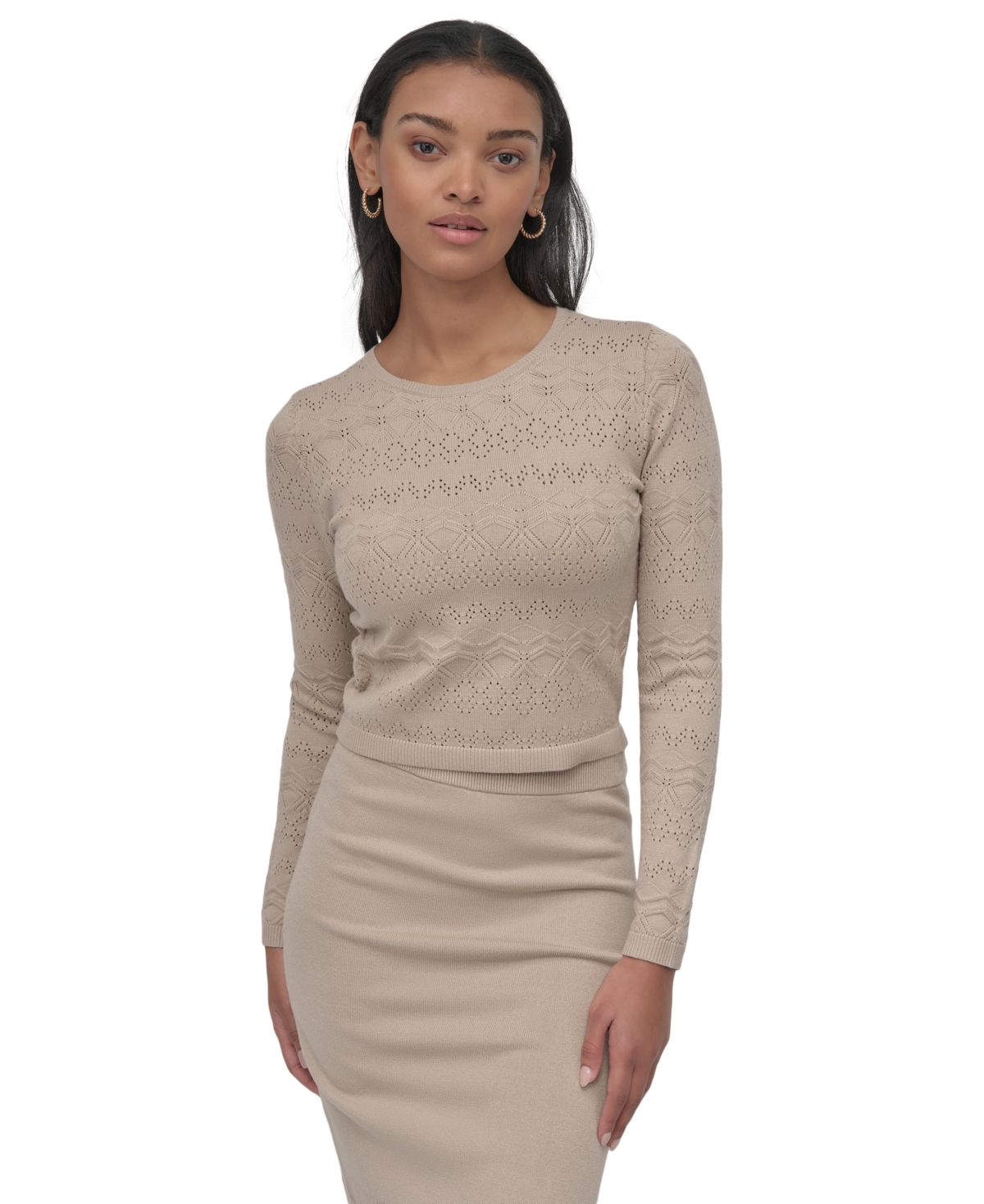 Women's Pointelle-Knit Cropped Sweater - Pbl - Pebble