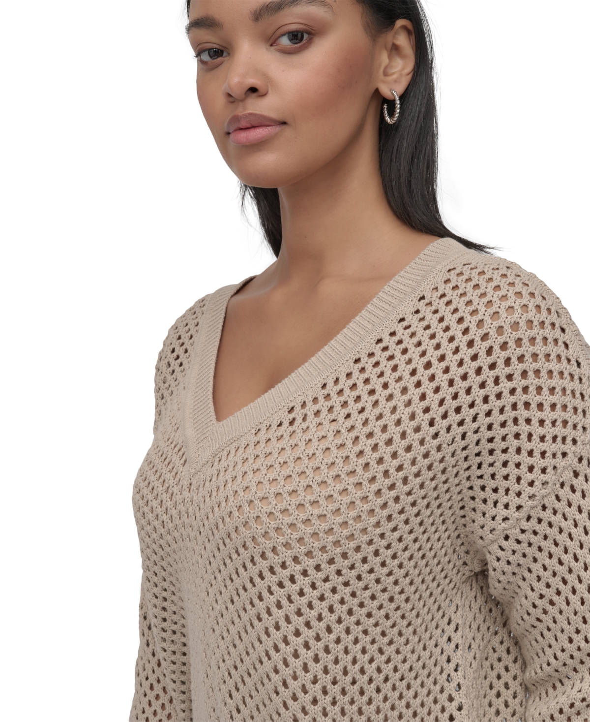 DKNY JEANS WOMEN'S COTTON OPEN-KNIT V-NECK SWEATER 