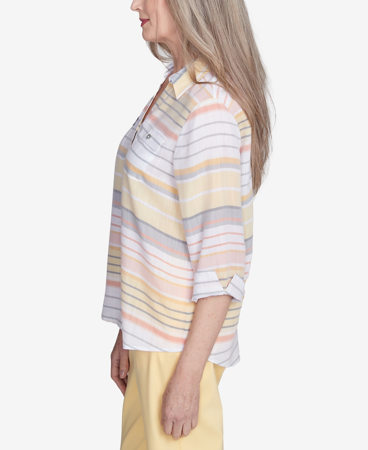 Alfred Dunner Petite Dress Code Button Down Striped Cuffed Sleeve Top In Multi Yellow