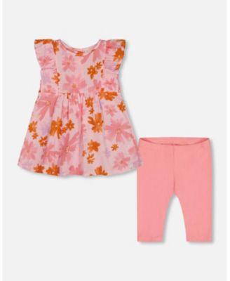 Deux Par Deux Printed Tunic And Solid Leggings Set - Pink And Coral Flowers Deux Par Deux Printed Tunic And Solid Leggings Set - Pink And Coral Flowers