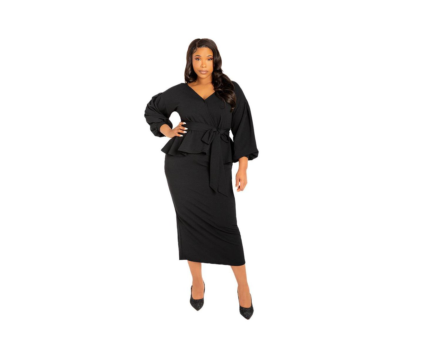 Женское платье Buxom Couture Plus Size Off Shoulder Peplum Midi, цвет: Чёрный — фото 1