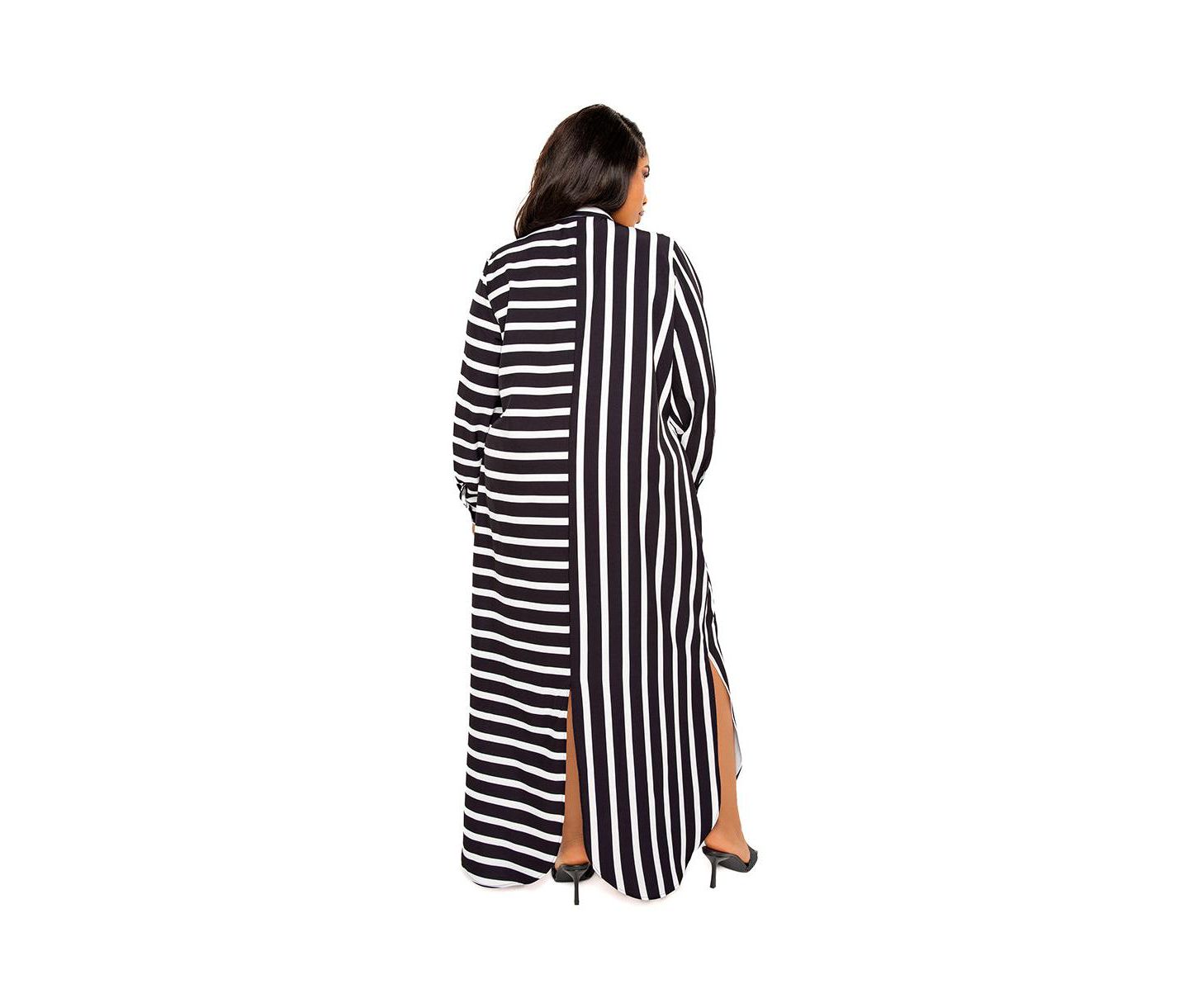 Женское платье Buxom Couture Plus Size Maxi Stripe Maxi Shirt Dress, цвет: Чёрный полосатый — фото 2