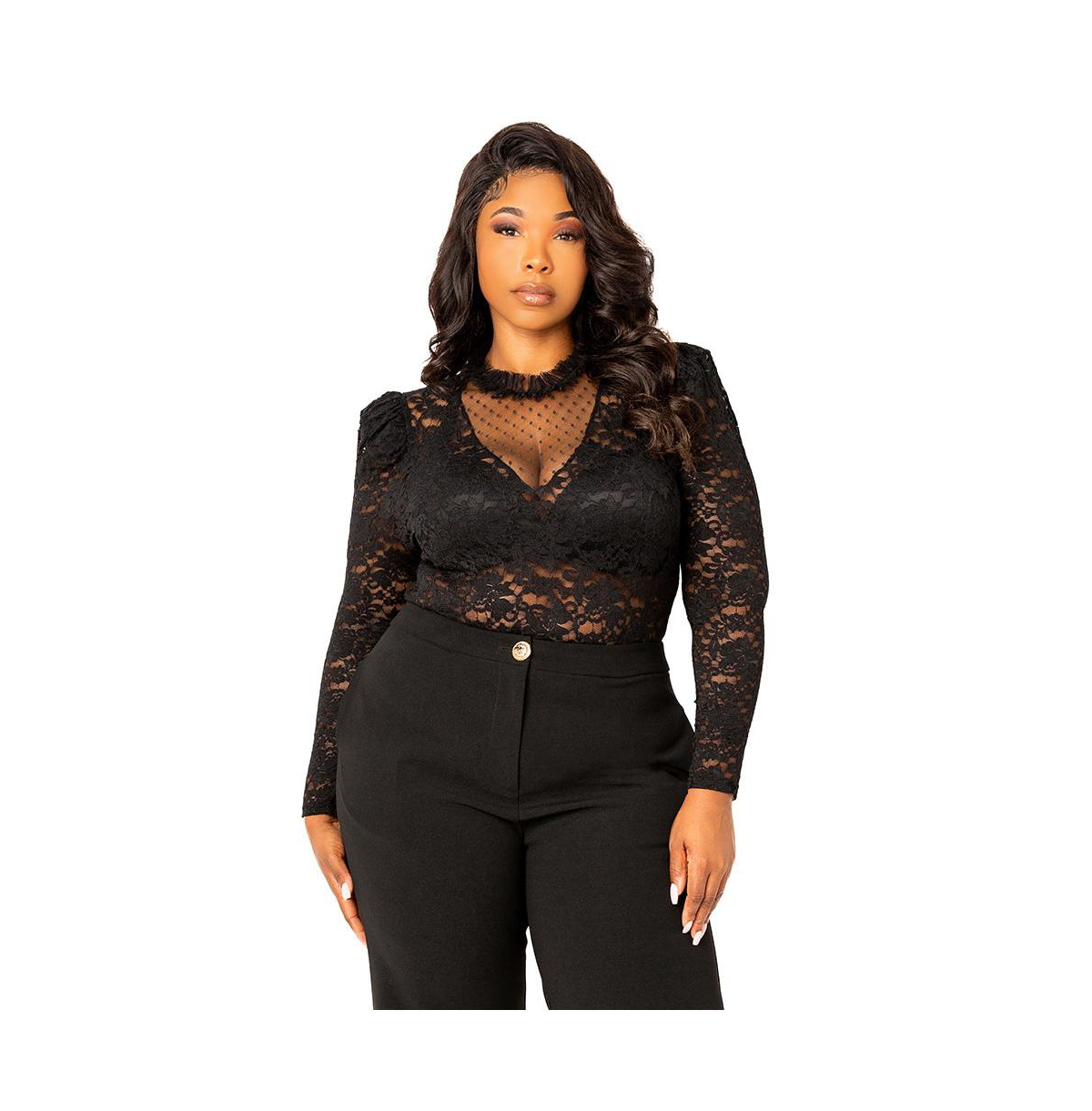Women's Plus Size Long Sleeve Lace Bodysuit - Black