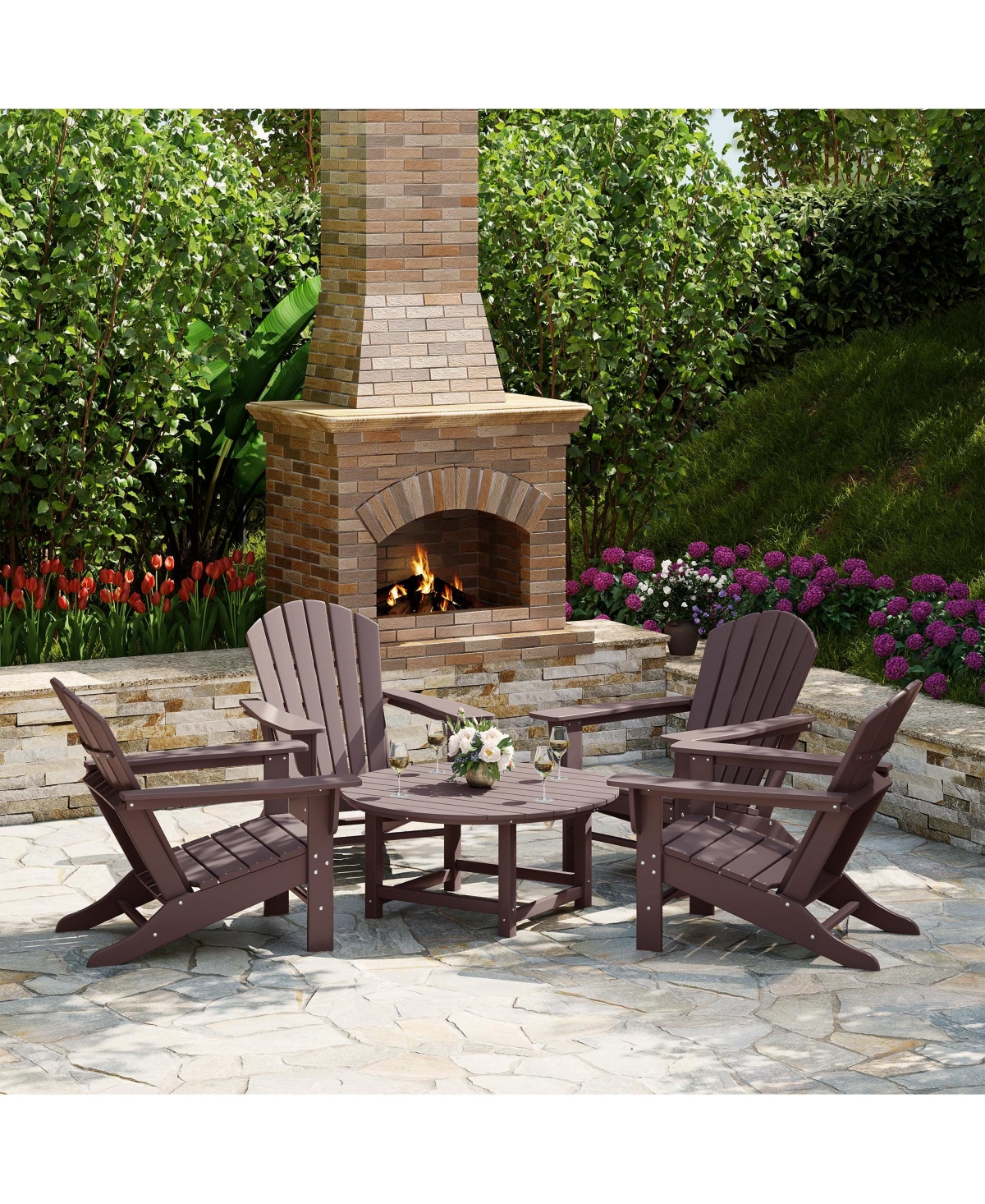 5-Piece Outdoor Patio Hdpe Adirondack Chair With Round Coffee Table Conversation Set