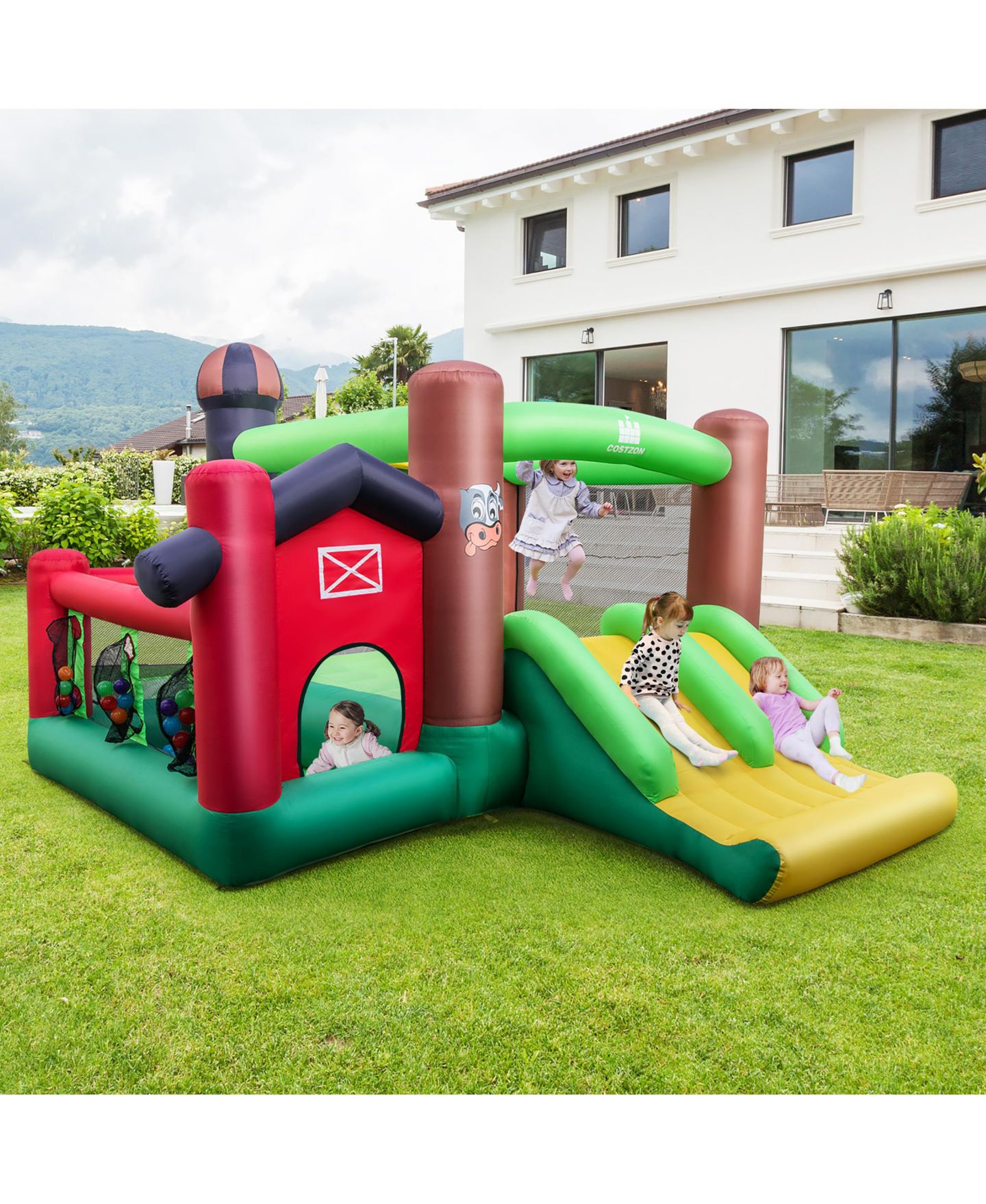 Детские игрушки Costway Farm Themed Inflatable Bounce House with Double Slides and Ball Pit, 140"L x 130"W x 87"H, от 3 лет, цвет: Зелёный — фото 3