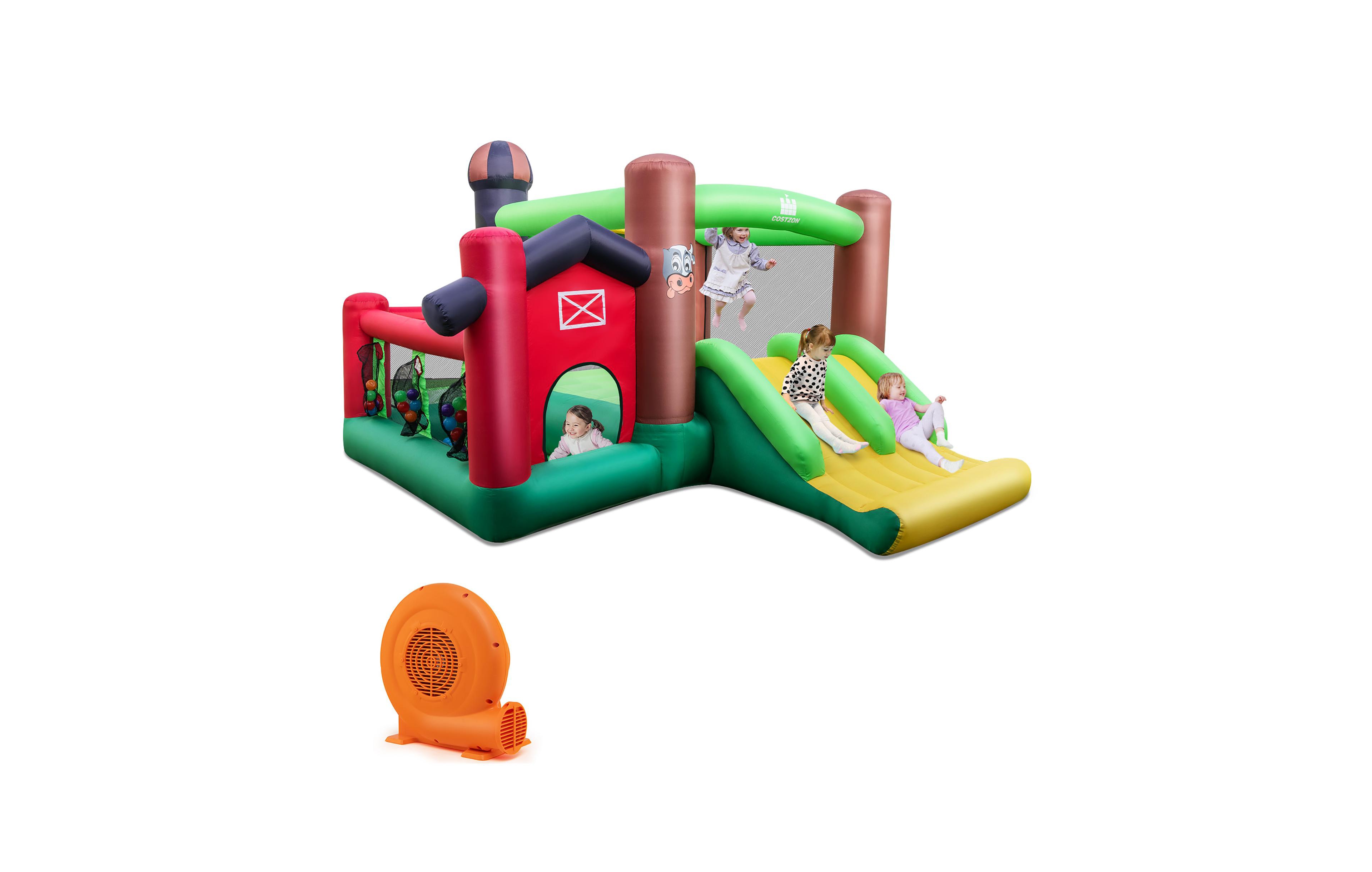 Farm Themed Inflatable Castle Kids Bounce House w/ Double Slides & 680W Blower