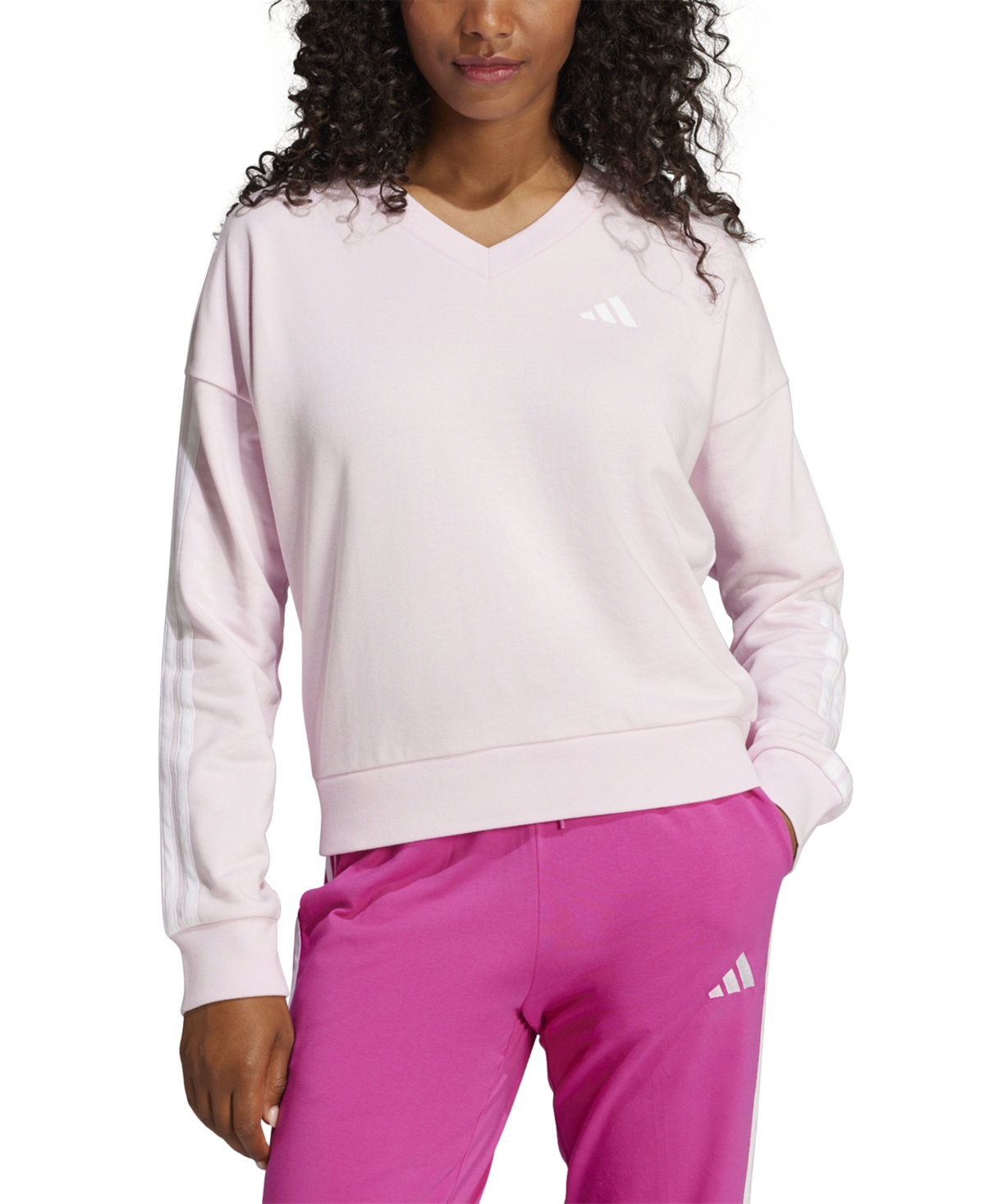 Women's Essentials 3-Stripes French Terry V-Neck Sweatshirt - Clpink/whi