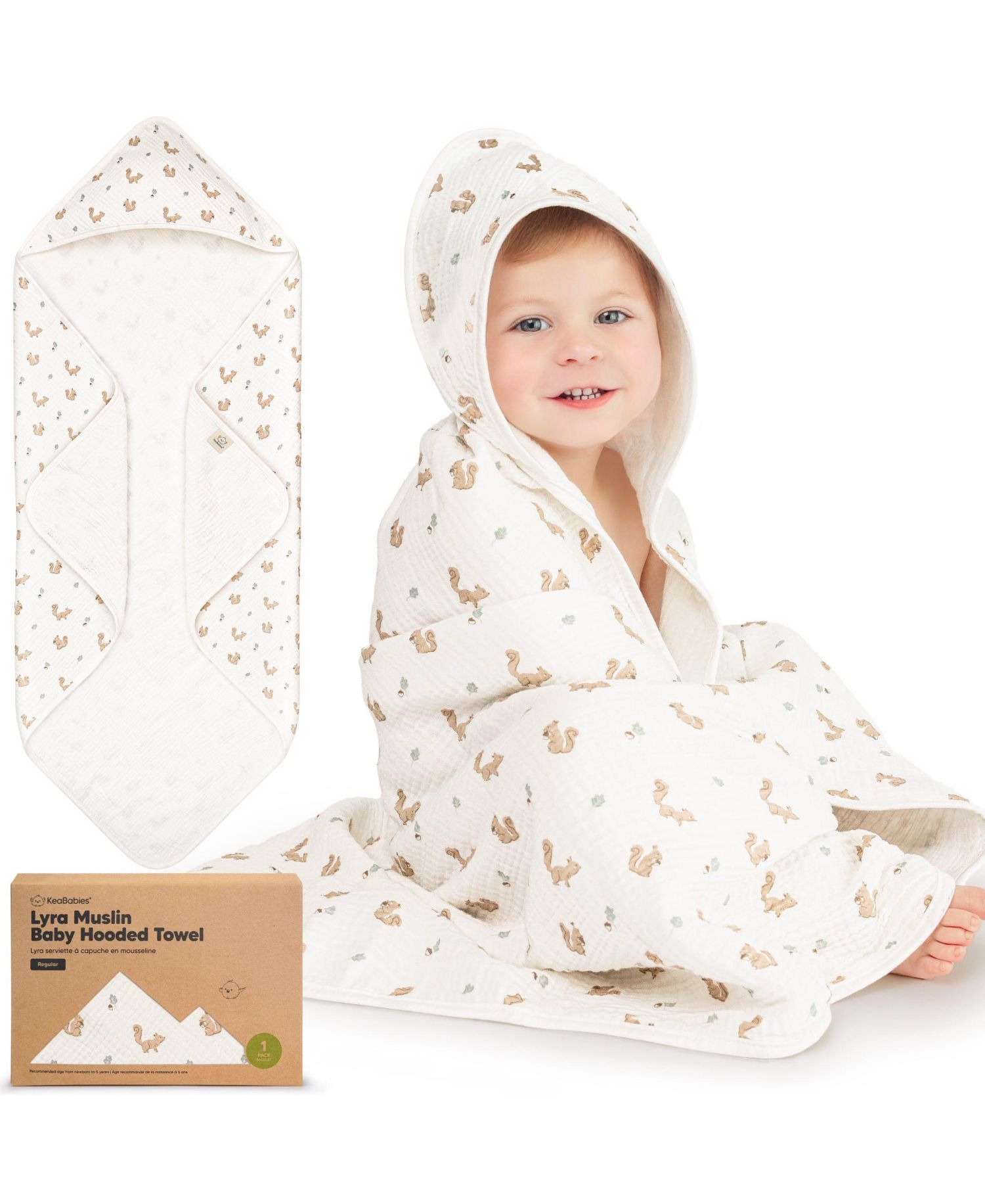Lyra Muslin Baby Towels with Hoods for Newborn Girls, Boys, 100% Organic Cotton Soft Hooded Baby Bath Towels (Regular)