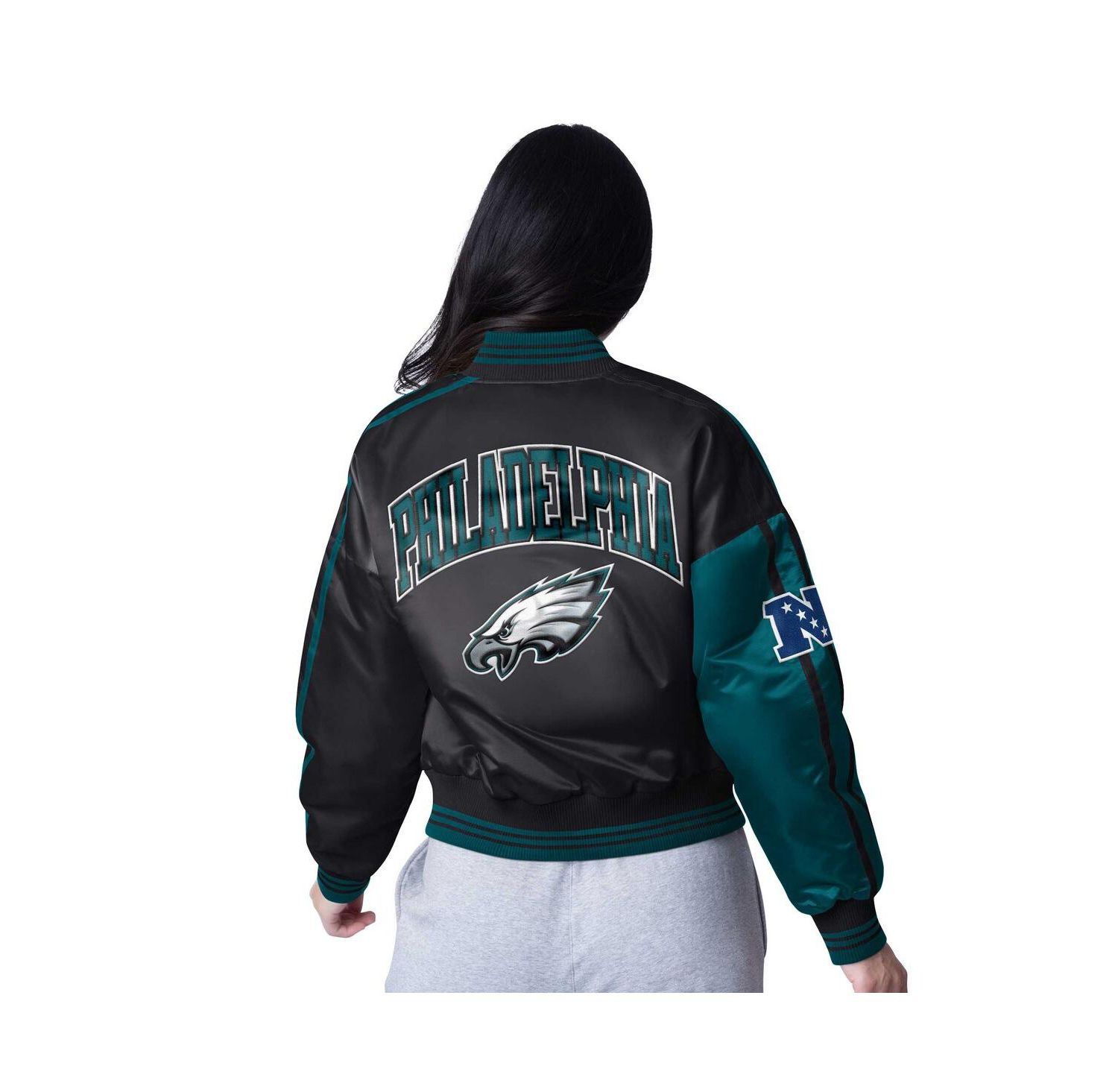 Women's Midnight Green/Black Philadelphia Eagles Zone Blitz Cropped Full-Snap Satin Jacket