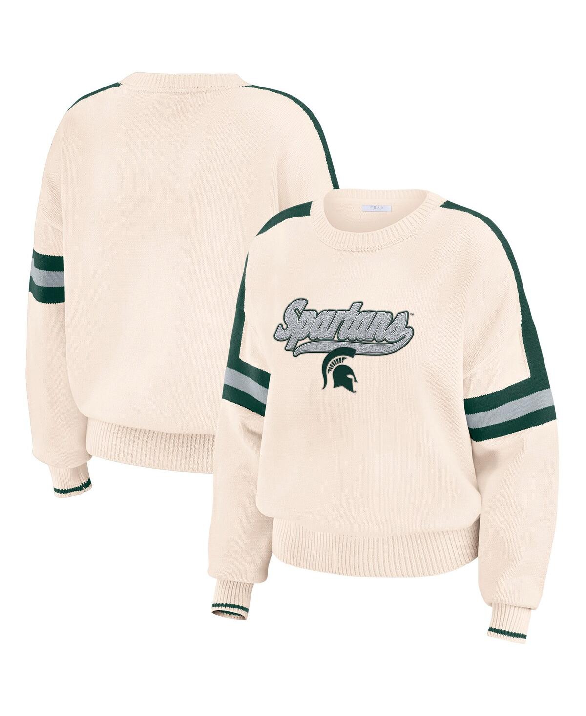 Women's Cream Michigan State Spartans Chenille Woven Patch Stripe Pullover Sweater - Cream, Green