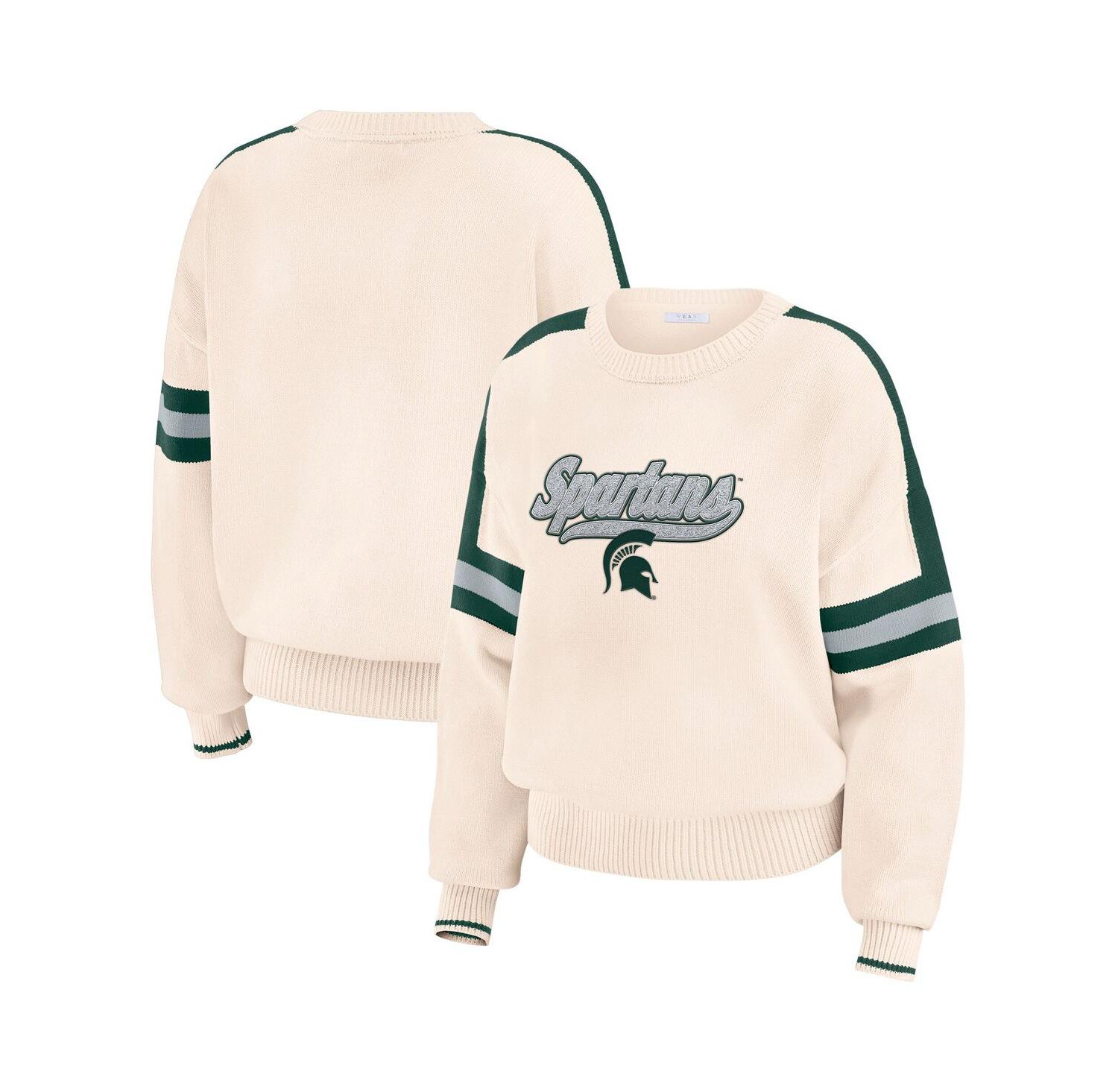 Women's Cream Michigan State Spartans Chenille Woven Patch Stripe Pullover Sweater