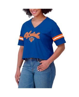 Women's Blue New York Knicks Plus Size Color Block Boxy V-Neck T-Shirt