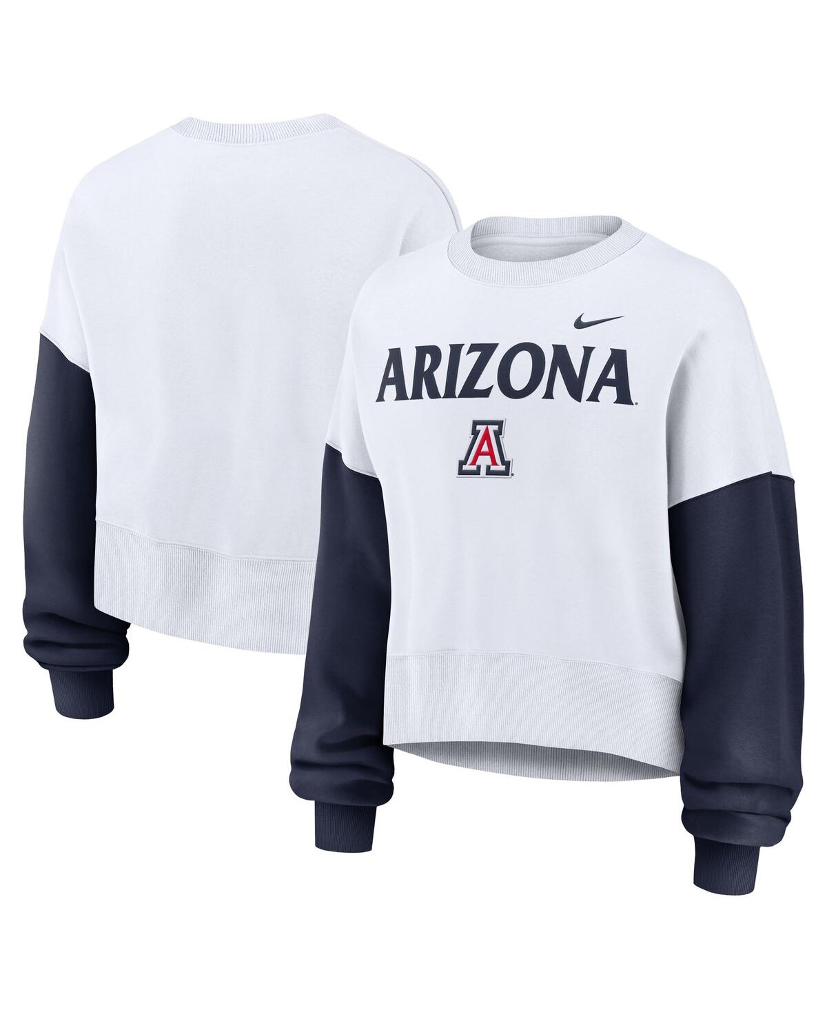 Nike Women's White Arizona Wildcats Color-block Oversized Cropped Pullover Sweatshirt In White