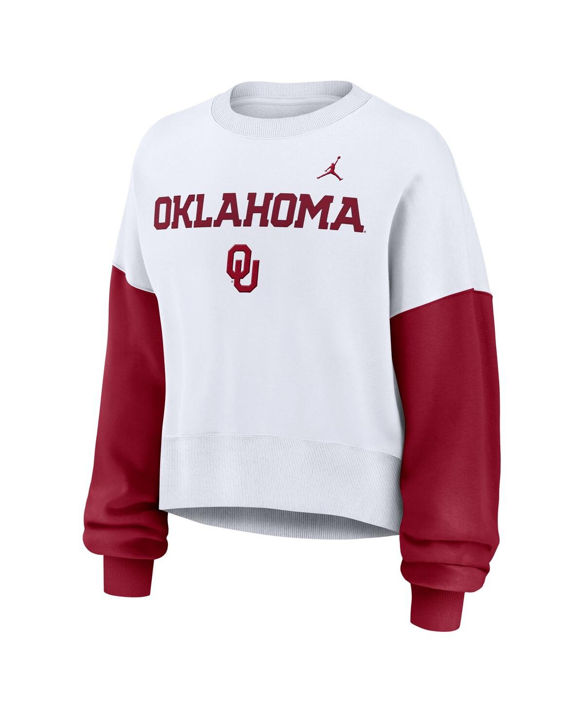 JORDAN WOMEN'S WHITE OKLAHOMA SOONERS COLOR-BLOCK OVERSIZED CROPPED PULLOVER SWEATSHIRT 