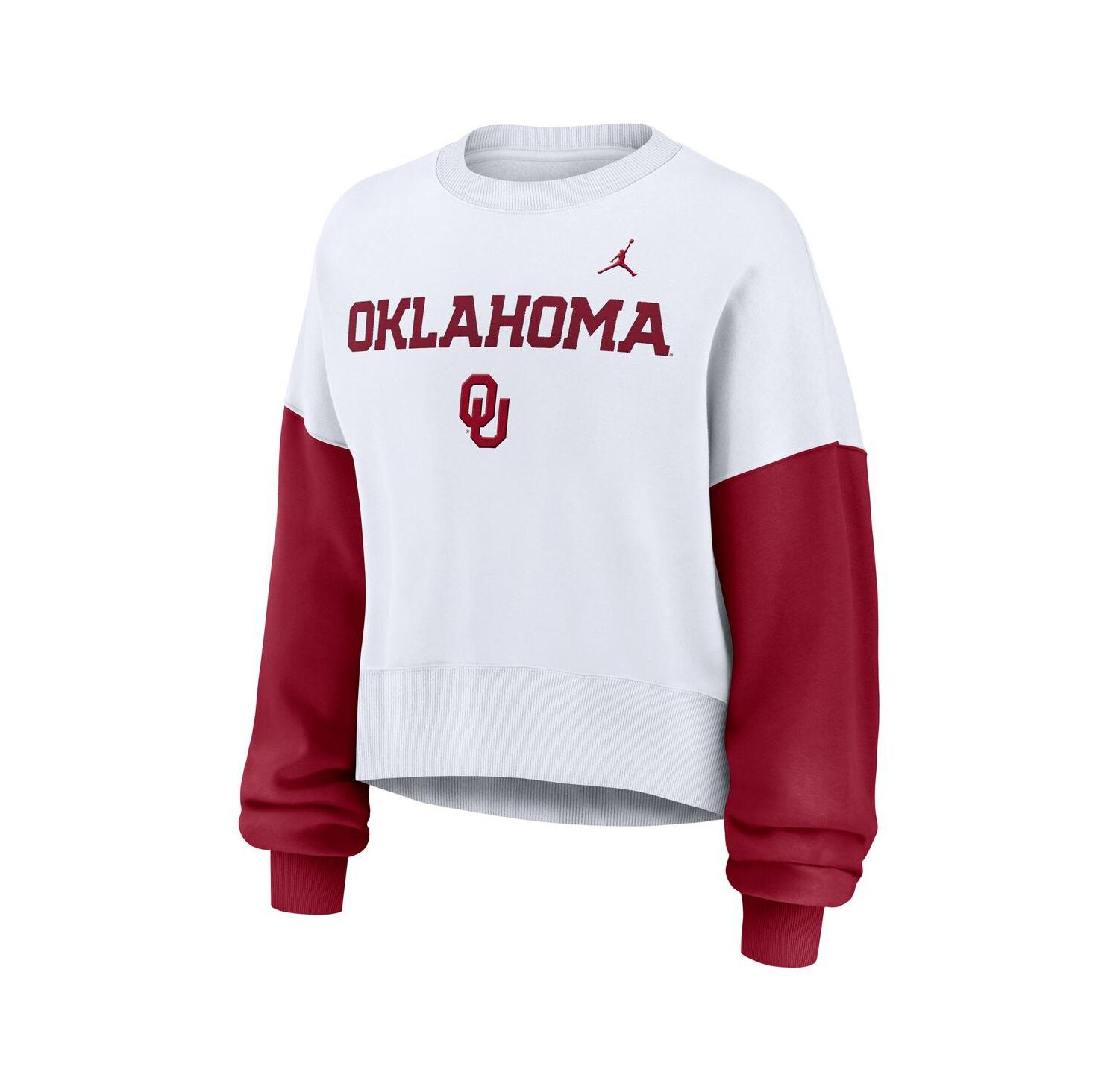 Women's White Oklahoma Sooners Color-Block Oversized Cropped Pullover Sweatshirt