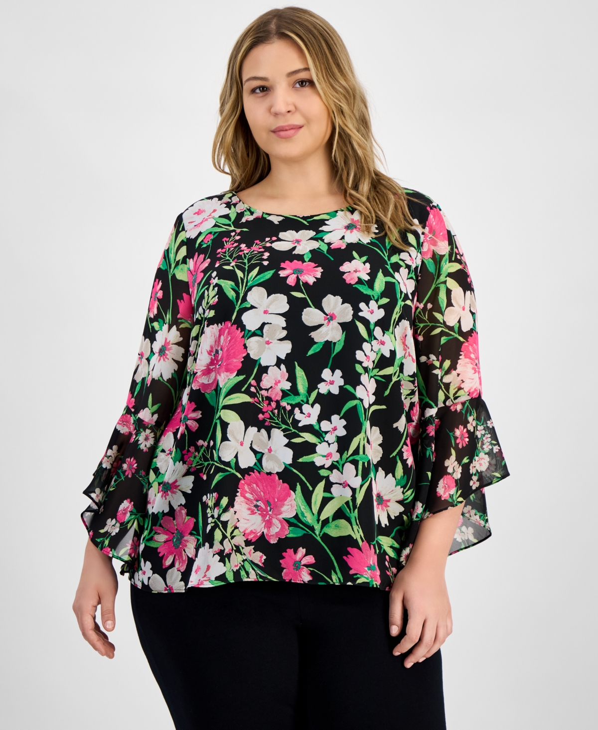 Plus Size Floral-Print Ruffle-Sleeve Blouse - Black Multi