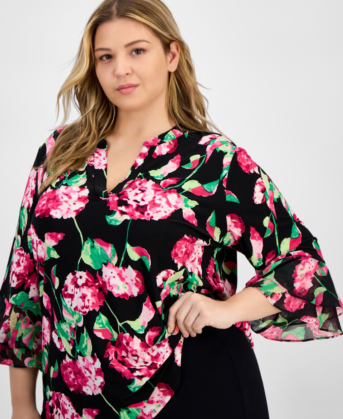 Kasper Plus Size Floral-print Flutter-sleeve Top In Black Multi