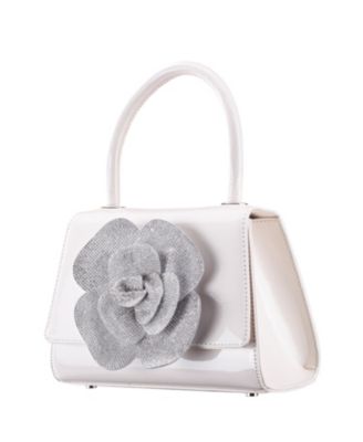 Crystal Flower Embellished Patent Satchel Bag
