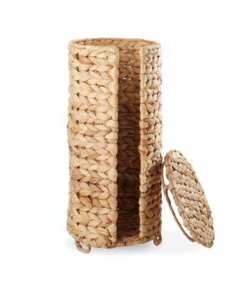 Toilet Paper Roll Holder with Lid - Espresso, Fits 3 Rolls, Free Standing Water Hyacinth Bath Tissue Storage Organizer for Bathroom