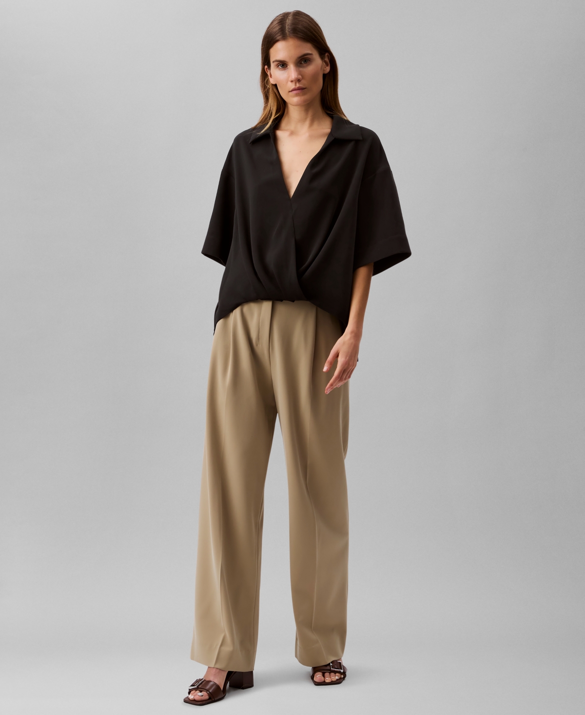 Calvin Klein Women's Collared Draped Faux-wrap Top In Black