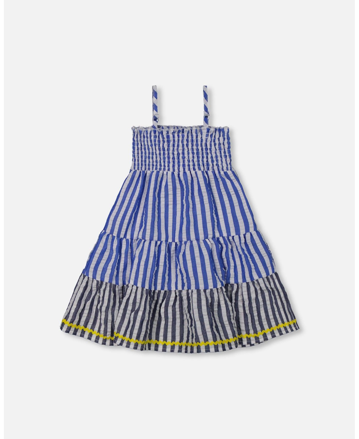 Deux par Deux Toddler Girls Smocked Seersucker Peasant Dress Blue And White Striped - Toddler|Child