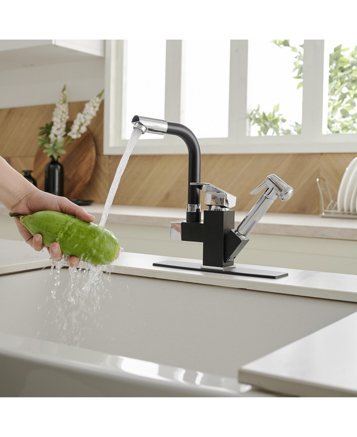 Double-Handle Pull-Out Sprayer 2 Spray Low Arc Kitchen Faucet With Deck Plate in Matte Black & Polished Chrome
