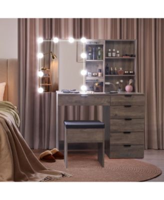 6 Drawers, 2 Shelves, 3 Light Bulbs Mirror Cabinet Dressing Table Set Elegant Vanity with Ample Storage and LED Lighting