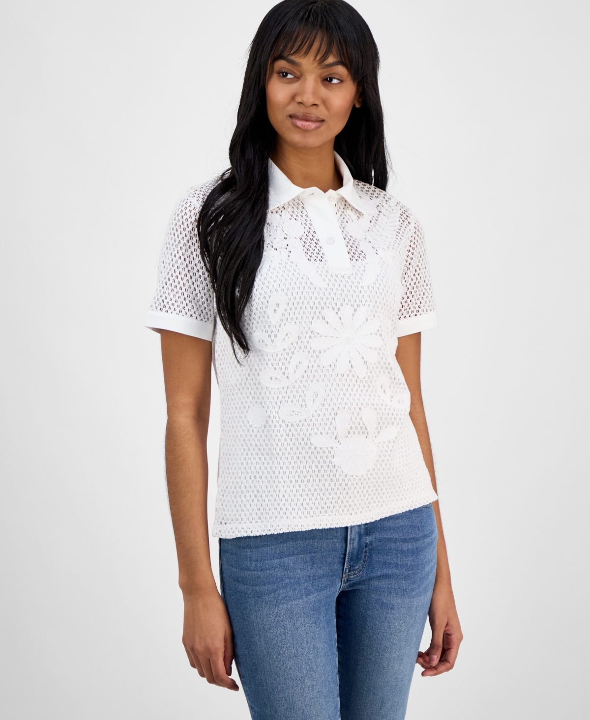 Women's Crochet Cotton Polo Shirt - Bright White